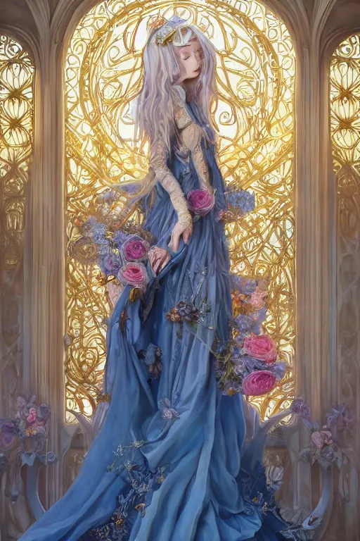 Prompt: breathtaking detailed painting by pilyeon and teffish on artstation, a full shot queen with long flowing bright blue hair, gauze dress and pastel flowers petals and golden tumultuous clouds, symmetrical facial features, at dawn in front of a pristine golden art nouveau cathedral, elegant, highly detailed, artstation, concept art, matte, sharp focus,