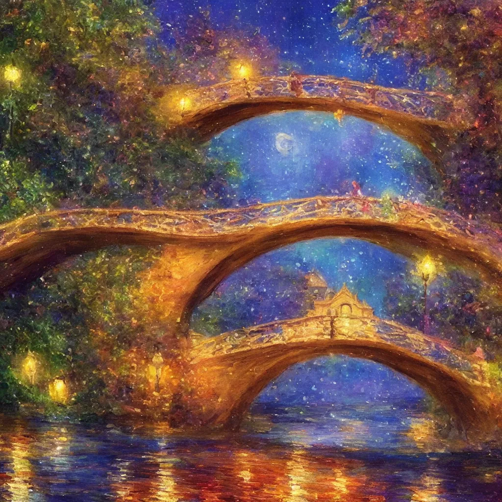 Image similar to fairyland bridge, outside of time and space, dreamy, romantic, night lighting, expressive impressionist style, highly detailed, 8 k