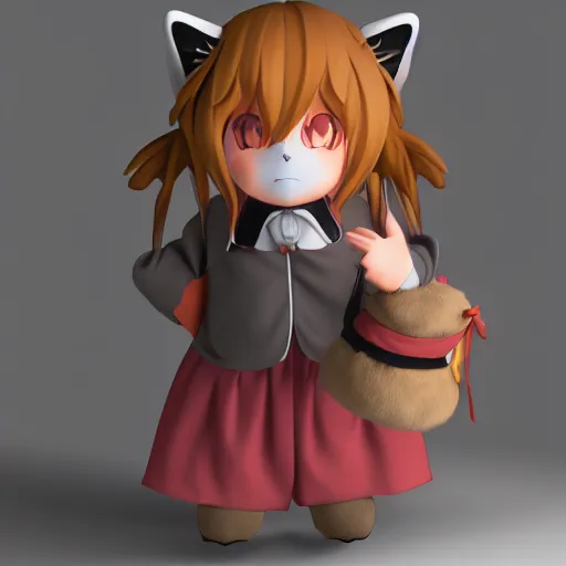 Image similar to cute fumo plush of a foxgirl rpg item shop owner, three point lighting, dramatic, anime, vray