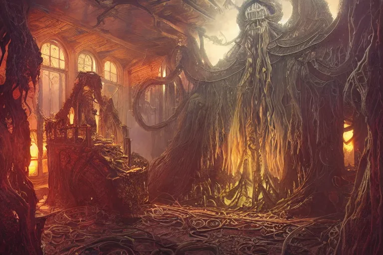Image similar to a lovecraftian painting of a demonic shrine, occult, cult members evil ritual, cosmic horror elements, ultra realistic, concept art, intricate details, eerie, highly detailed, photorealistic, octane render, 8 k, unreal engine. art by artgerm and greg rutkowski and alphonse mucha