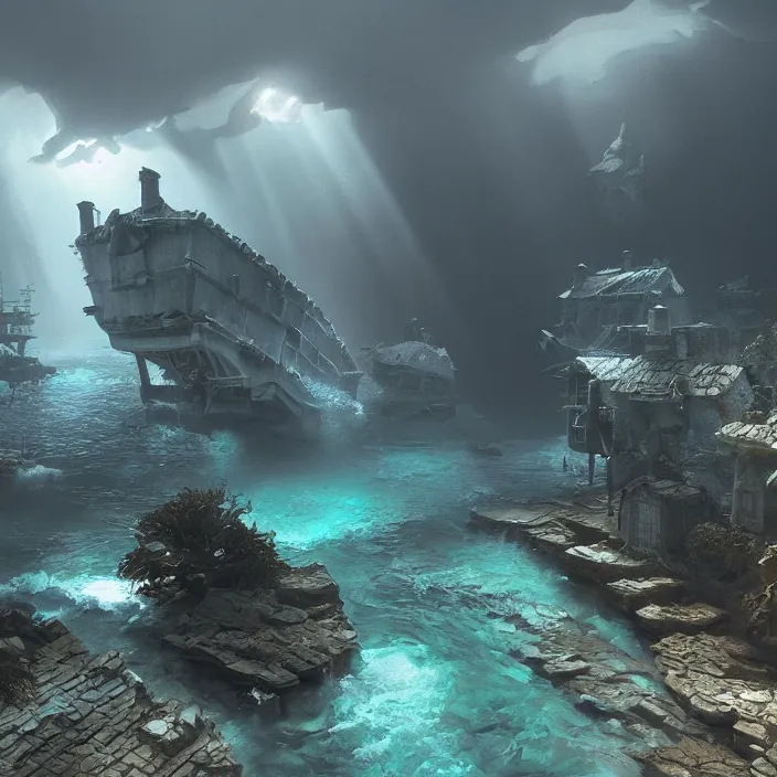 Image similar to an underwater settlement painted by, mc escher, gordon onslow ford, georgia o'keeffe and ivan aivazovsky, cinematic light, god rays, unreal engine, zbrush central,