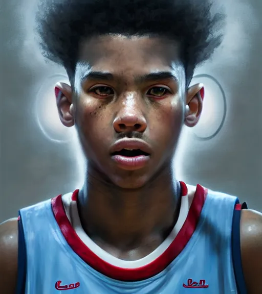 Prompt: portrait of a boy at a basketball court playing basketball wearing a basketball uniform in a basketball court attempting to score, intense emotion, detailed facial expression, detailed surroundings, intricate, elegant, highly detailed, centered, digital painting, artstation, concept art, smooth, sharp focus, illustration, by Peter Mohrbacher, WLOP