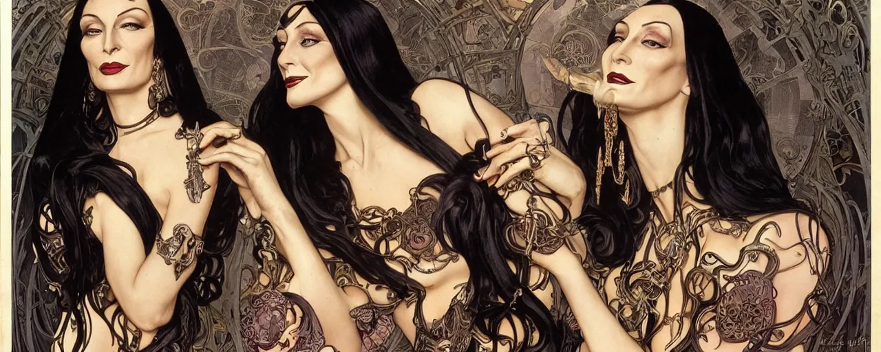 Image similar to stunning exotic art nouveau portrait of anjelica huston and morticia addams as industrial dieselpunk queens of the night by glenn fabry, simon bisley and alphonse mucha, photorealism, extremely hyperdetailed, perfect symmetrical facial features, perfect anatomy, ornate declotage, spikes, latex, confident expression, wry smile, sinister eyes