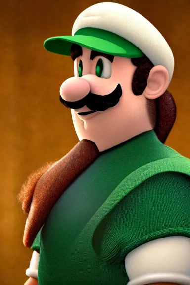 Image similar to very very intricate photorealistic photo of a realistic human version of luigi wearing his hat in an episode of game of thrones, photo is in focus with detailed atmospheric lighting, award - winning details