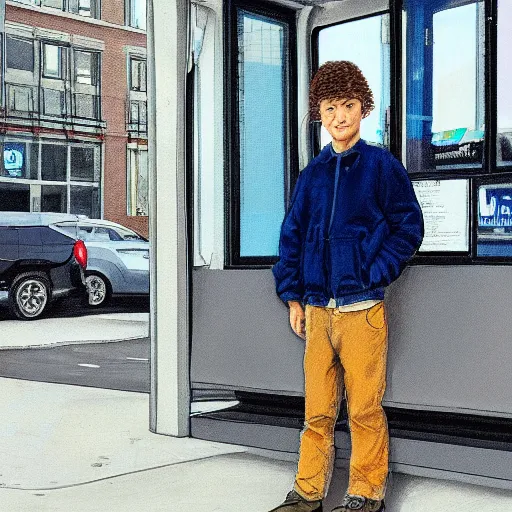 Image similar to an ultra detailed portrait of griffin pafford standing waiting at a bus stop, hyper realism, highly detailed, photograph, 8 k