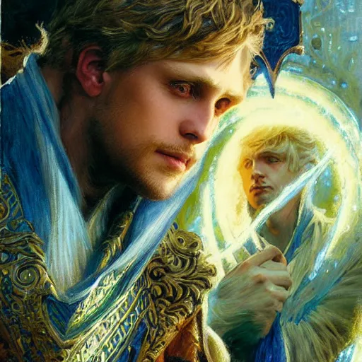 Image similar to attractive arthur pendragon with attractive male merlin the mage. they are in love. highly detailed painting by gaston bussiere, craig mullins, j. c. leyendecker