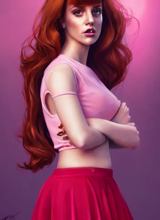 Image similar to full body portrait of teenage cheryl blossom, bangs, green eyes, sultry expression, red hair, sultry smirk, bangs and wavy hair, pink skirt, intricate, elegant, glowing lights, highly detailed, digital painting, artstation, concept art, smooth, sharp focus, illustration, art by wlop, mars ravelo and greg rutkowski