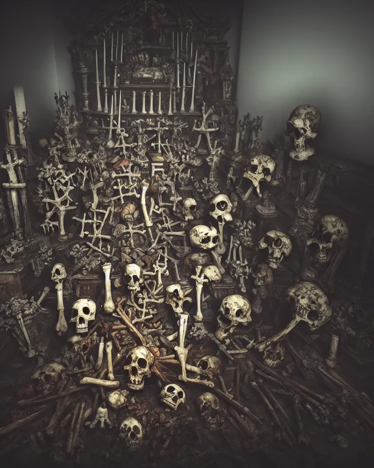 Image similar to full color, low wide shot of sedlec ossuary, bones, anime style mixed with fujifilm, dark, foggy, atmospheric, artstation, cgsociety, octane render, cgi, unreal engine 5, denoise, detailed, cinematic masterpiece