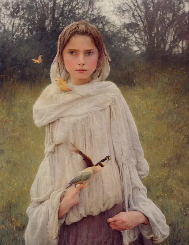 Image similar to portrait of little peasant girl setting free a bird, cottage core, cinematic focus, polaroid photo bleached vintage pastel colors high - key lighting, soft lights, foggy, by steve hanks, by lisa yuskavage, by serov valentin, by tarkovsky, 8 detailed, oil on canvas