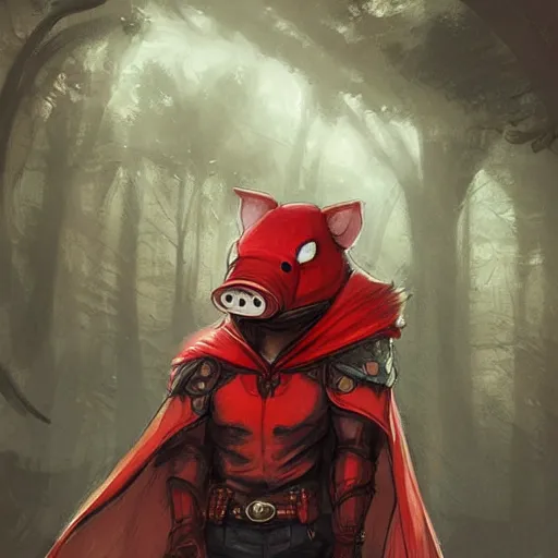 Image similar to Anthropomorphic Pig in a red hood by rossdraws,greg rutkowski,and Sarah Andersen,ambient style, very detailed,detailed armor,detailed helmet