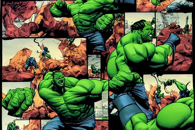 Image similar to hulking out, hulkout, turning into the hulk, comic sequence, sequential art, dynamic posing, cinematic, action, motion