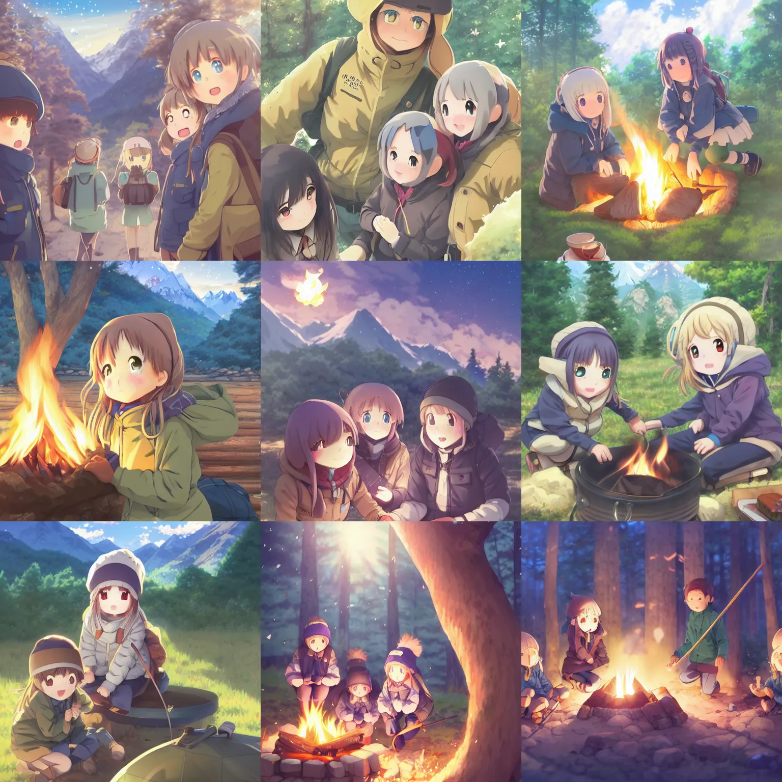 Image similar to anime yuru camp yama no susume cute girls around campfire trending on artstation hyperdetailed eyes cute moe Unreal Engine 4k 8k ultra HD illustration digital pixiv concept art manga cover by Stanley Artgerm Lau, WLOP, Rossdraws, James Jean, Andrei Riabovitchev, Marc Simonetti, and Sakimichan