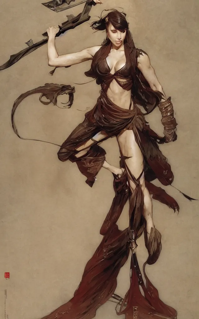 Image similar to modern elegant female ninja, with large sword, feminine, powerful, beautiful, upper body, muscular arms and abdominals, wide leg hakama trousers, highly detailed, by gaston bussiere, mucha, gerome, craig mullins, greg rutkowski, john singer sargent