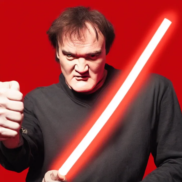 Image similar to quentin tarantino raising a lightsaber with his right hand, giving thumbs up with his left hand. without characters. red and black background. cinematic trailer format.