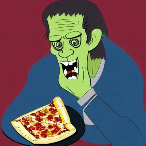 Prompt: frankenstein eating a slice of pizza with his mouth wide open