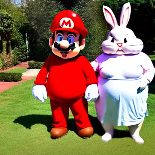 Image similar to real life big chungus dressed like mario, super mario with bunny ears, big chungus, fat bugs bunny, high resolution photo