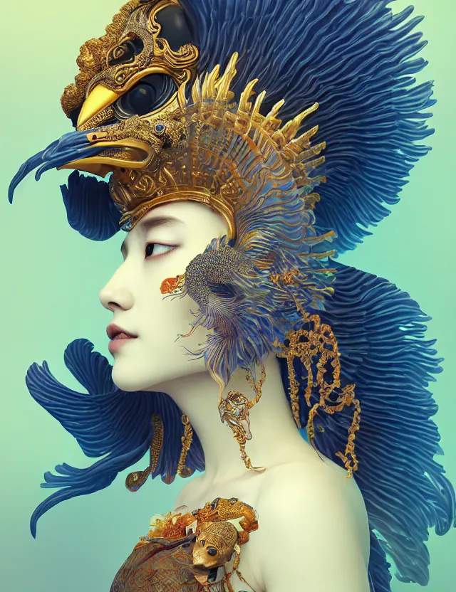 Image similar to 3 d goddess close - up profile portrait with crown, ram skull. beautiful intricately detailed japanese crow kitsune mask and clasical japanese kimono. betta fish, jellyfish phoenix, bio luminescent, plasma, ice, water, wind, creature, artwork by tooth wu and wlop and beeple and greg rutkowski