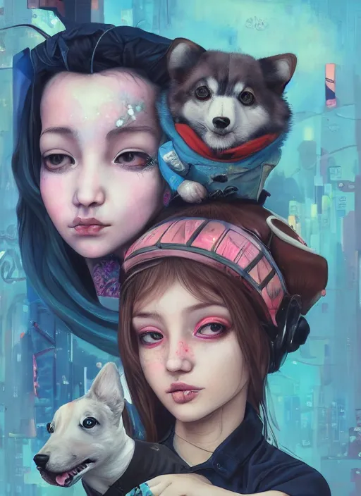 Prompt: beautiful portrait painting of a cute lofi cyberpunk princess girl and her corgi assassin king, by Afarin Sajedi, Alessandro Barbucci, Alex Gross, Shin Jeongho, Shohei Otomo, Josan Gonzalez, Kieron Gillen. trending on Artstation, 8k, masterpiece, face enhance, graffiti paint, fine detail, full of color, intricate detail, golden ratio illustration