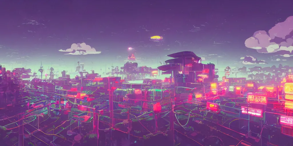 Image similar to Platform game, Portrait of a platform game, Very Cloudy Sky, Sun, Neon Lights, Subject in Middle, side scrolling 2d, Rule of Thirds, 4K, Retrofuturism, Studio Ghibli, Simon Stålenhag