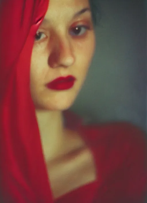 Prompt: extra close-up, color film photography, portrait of beautiful woman in red silk, in style of nan goldin, blue hour, 35mm, film photo