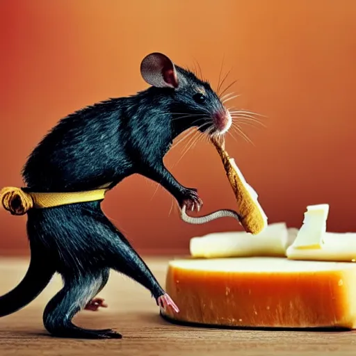 Image similar to Samurai fighting rat sitting on cheese