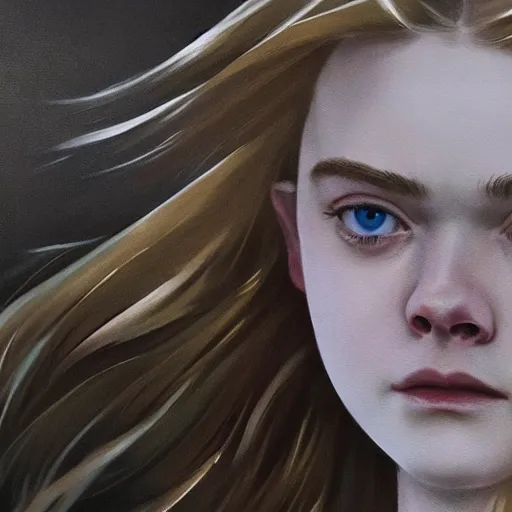 Prompt: ultra realistic portrait painting of elle fanning in death stranding, art by frank frazetta, 4 k, ultra realistic, highly detailed, epic lighting