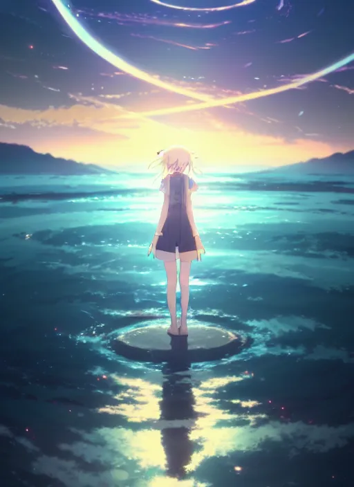 Image similar to anime girl walking on water, ripples, backdrop of dawn, saturn in the background, illustration, concept art, anime, key visual, trending pixiv fanbox by wlop and greg rutkowski and makoto shinkai and mamoru hosada and studio ghibli