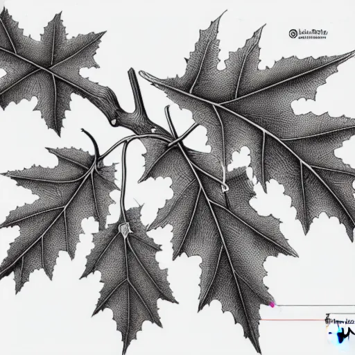 Image similar to a full page schematic diagram illustration of a hybrid between oak leaf and wine leaf, ultra detailed, 4 k, intricate, encyclopedia illustration, fine inking lines