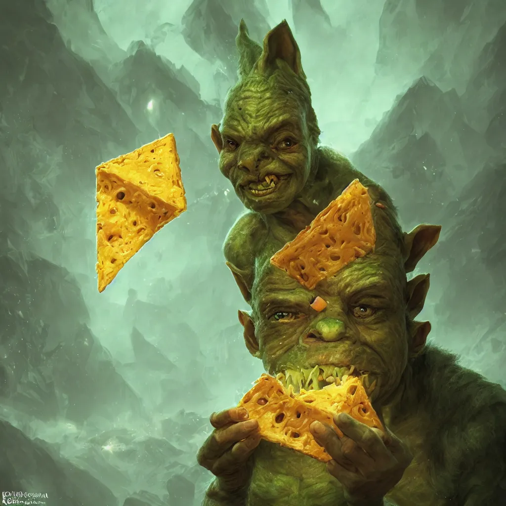 Prompt: Photorealistic fantasy portrait of one single D&D goblin holding a triangle of Swiss Cheese. Ominous green mist in the background. Magical occult photorealism, UHD, amazing depth, glowing, golden ratio, 3D octane cycle unreal engine 5, volumetric lighting, cinematic lighting, cgstation artstation concept art