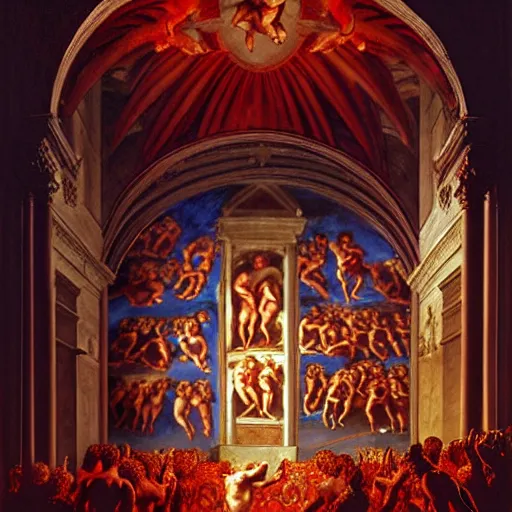 Prompt: the sistine chapel's ceiling is broken is half as a red magical portal from hell opens up, lucifer morningstar emerges along with a few demons, the priests and the pope look at the scene with terror in their eyes. highly detailed painting by gaston bussiere, greg rutkowski, craig mullins 8 k