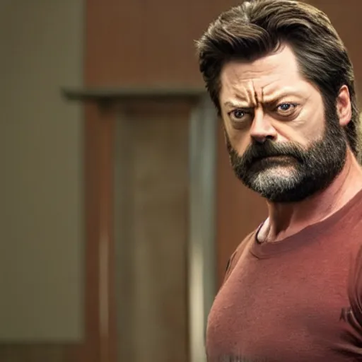 Image similar to nick offerman ( accurate face ) as wolverine, photorealistic logan movie still, detailed, 8 k