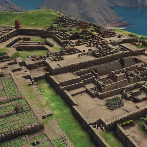 Image similar to super wide angle cinematic shot of an ancient incan city on a festive day, unreal engine, masterpiece