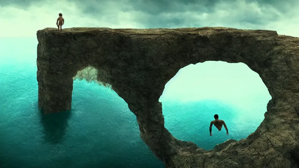 Prompt: a man cliff jumping into waters that are actually a portal to another dimension, film still from the movie directed by Denis Villeneuve with art direction by Salvador Dalí, wide lens