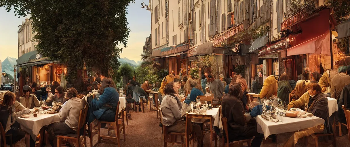 Image similar to accidentally wes anderson award - winning photograph of yeti and bigfoot eating lung outside paris restaurant, accidental renaissance, golden ratio, fibonacci composition, 4 k, detailed, art by greg rutkowsky, trending on artstation, cinematic lighting, filmic grain, golden hour, detailed, 4 k