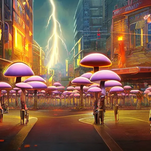 Prompt: lightning mushroom city 8 k octane render rich by artgerm, syd mead, evgeny lushpin