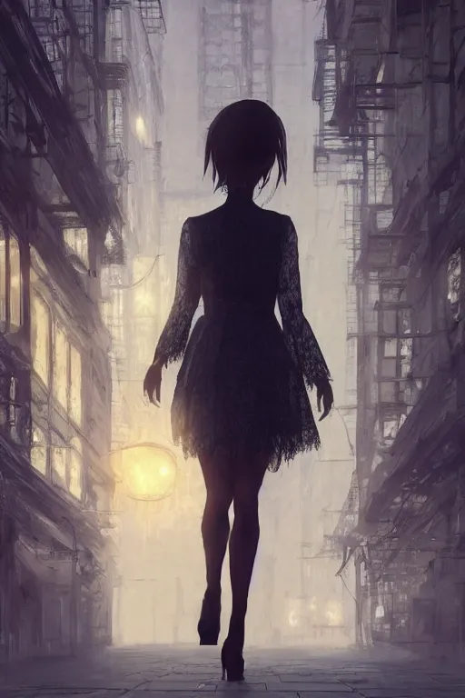 Prompt: a woman in a lace dress and thigh highs walking in a dark soviet city, digital illustration, beautiful face, volumetric, by makoto shinkai, by yoshitaka amano, by greg rutkowski, by dan mumford, highly detailed, composition, 4 k, forward facing pose, detailed street, photorealism, octane render