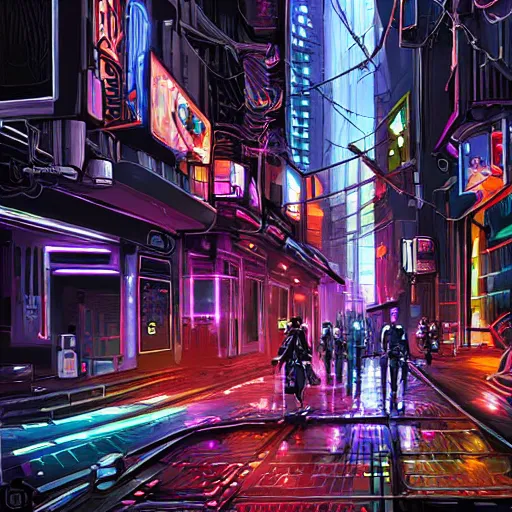 Image similar to a beautiful extremely complex painting of as cyberpunk street digital painting