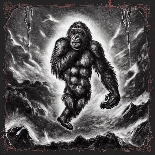 Image similar to gorilla falling from heaven, in the style of deathspell omega's fas album cover