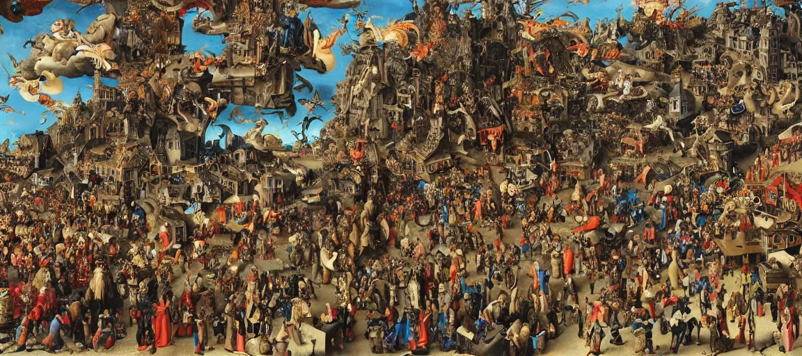 Prompt: mechanical angels descend from heaven in the middle of a small town during a carnival, surreal, majestic, epic, highly detailed, colorful, dramatic, by albrecht altdorfer, by jan van eyck, by petri ala - maunus - h 5 1 2