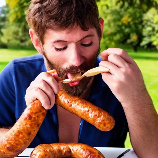 Image similar to a man eating a sausage, highly detailed.