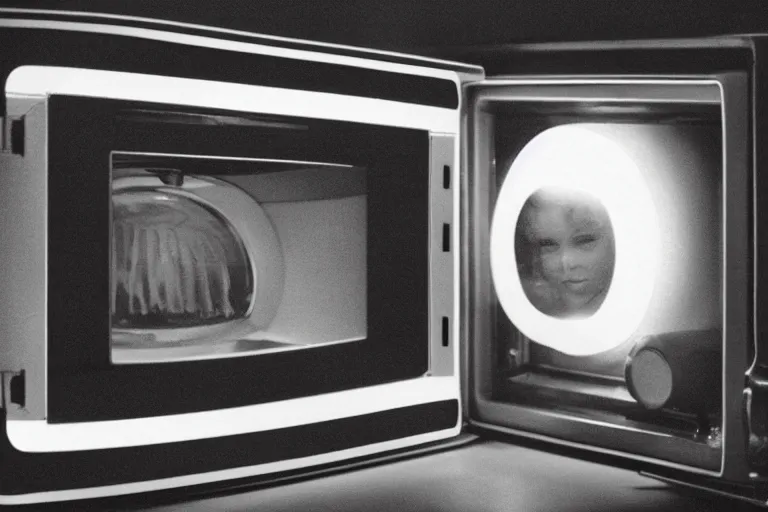 Image similar to retro robot sticking her head inside of a microwave, from 2001, bathed in the glow of a crt television, low-light photograph, in the style of jack bridgeland