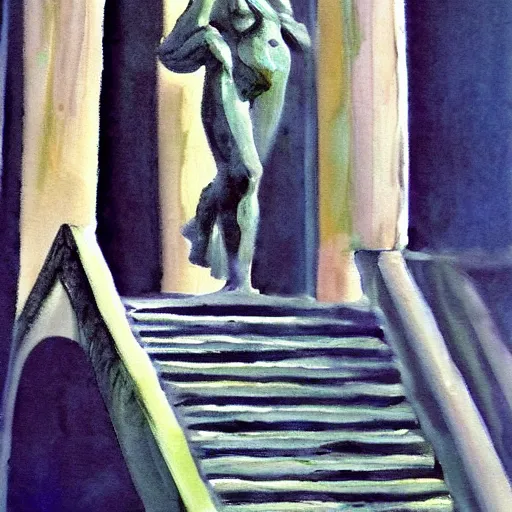 Prompt: very abstract painting of a statue of a figure walking down the stairs, impressionist painting, realistic