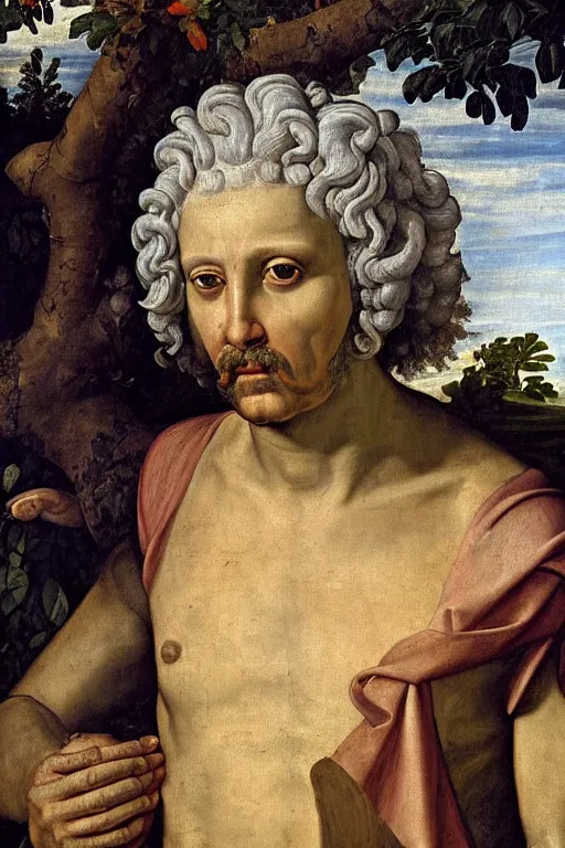 Image similar to renaissance painting of elder in the garden, closeup, short silver hair, face with scars, emotions closeup, dressed in roman armour, the beautiful garden with larch leaves everywhere, ultra detailed, art by Guido Reni style, Vincenzo Catena style