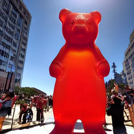 Image similar to stunning image of a giant gummy bear on a pedestal, many people worshipping.