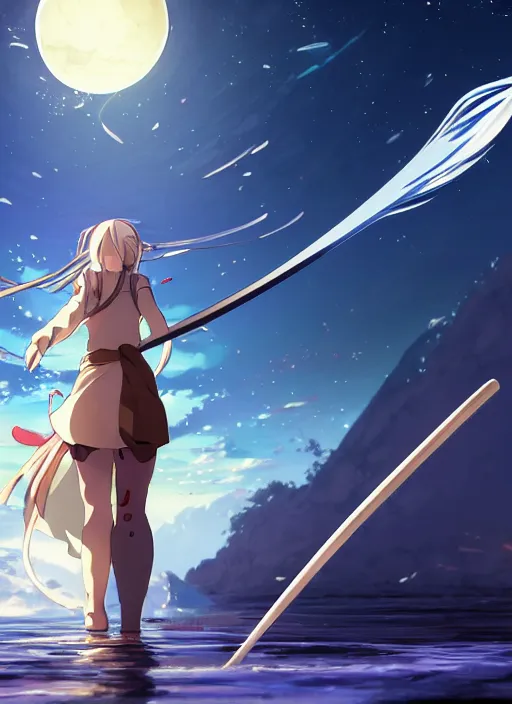 Prompt: a beautiful anime girl walking on water holding a beautiful katana, ripples, backdrop of dawn, giant planets in the background, anime illustration from genshin impact from demon slayer from jujutsu kaisen, concept art, anime, key visual, trending pixiv fanbox by wlop and greg rutkowski and makoto shinkai and studio ghibli