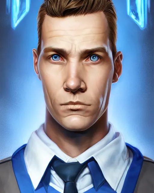 Image similar to portrait of tall, tired 3 3 - year - old handsome man with short darkblonde hair, blue eyes, wearing science fiction uniform, hyper realistic face, beautiful eyes, character art, art by mark brooks, hyperdetailed, cryengine, trending on artstation, digital art