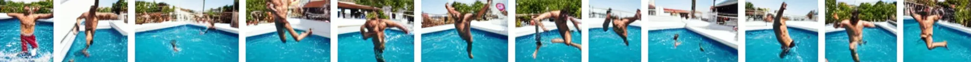 Image similar to 8 consistent frames from a video of a man jumping into a pool