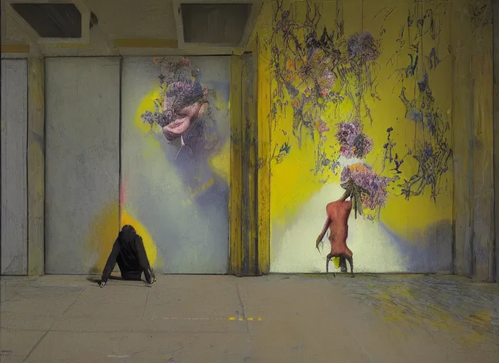 Prompt: kneeling figure in on yellow pavement, painterly, interior of bus stop, peeling posters on wall, flowers and plants growing from figure, by lisa yuskavage, francis bacon, zdzislaw beksinski, james jean