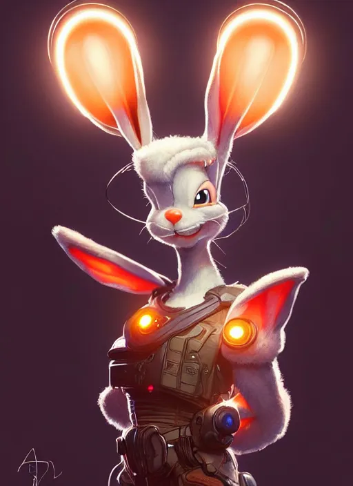 Image similar to portrait of apex legends bugs bunny, intricate, elegant, glowing lights, highly detailed, digital painting, artstation, glamor pose, concept art, smooth, sharp focus, illustration, art by artgerm and greg rutkowski, artey freytag