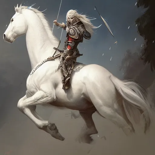 Image similar to a white horse The one who rode him carried arrows and a bow in his hand, and they gave him a crown, digital Art, Greg rutkowski Trending artstation